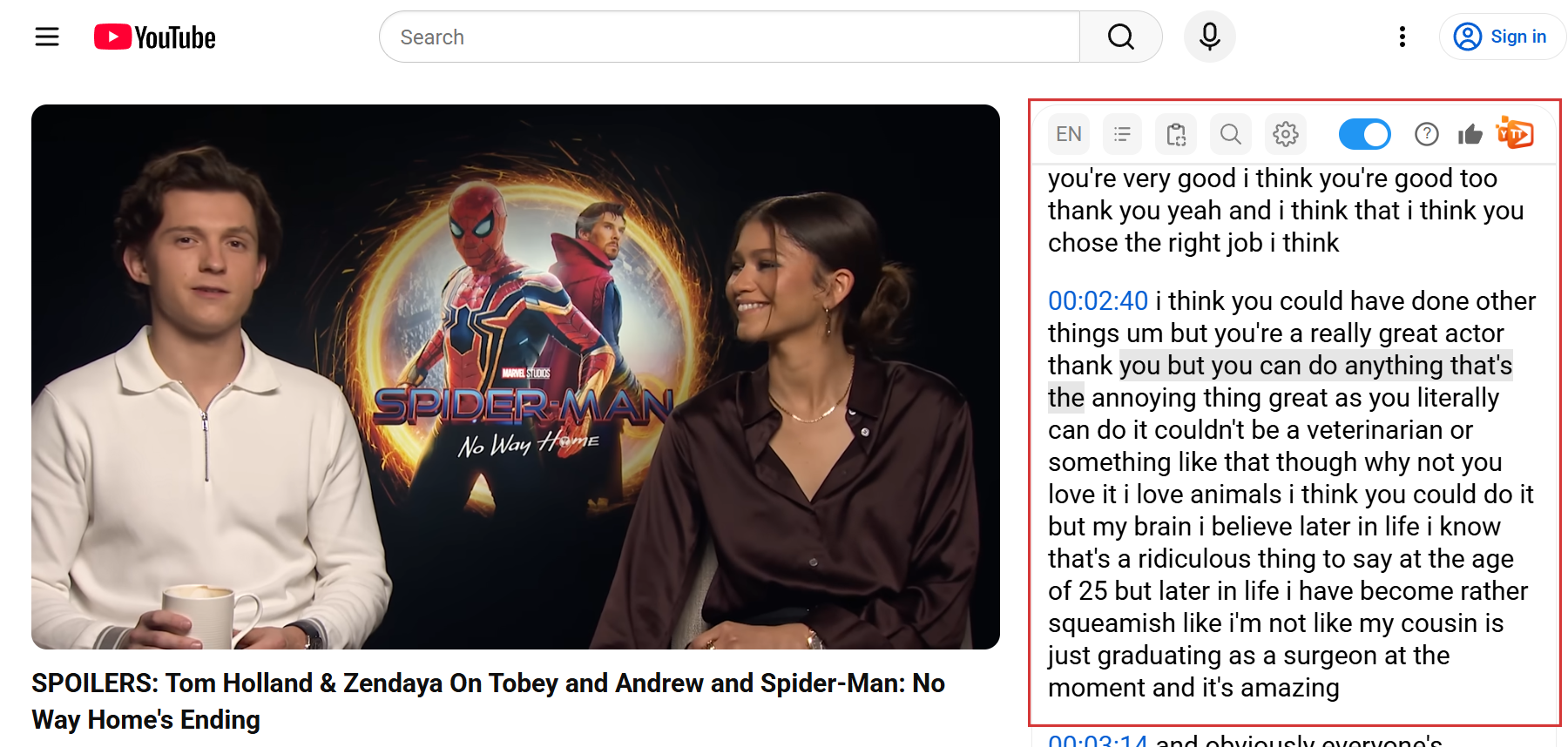 YouTube transcript with auto-scroll