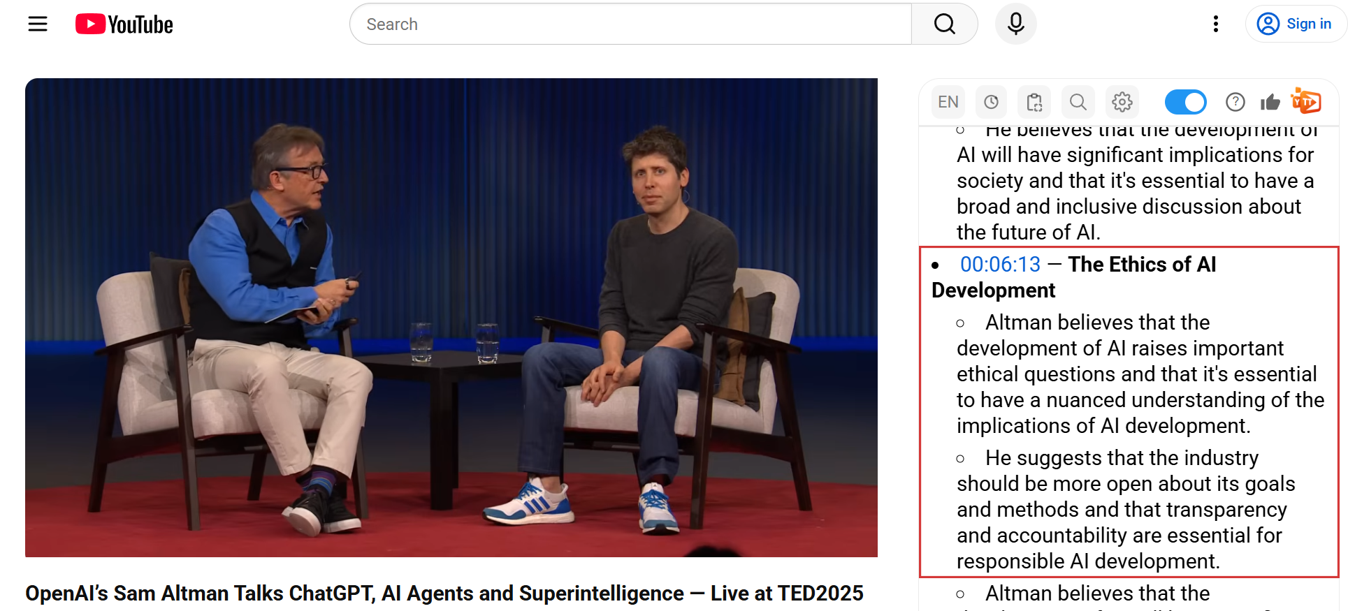 AI summary with timestamps