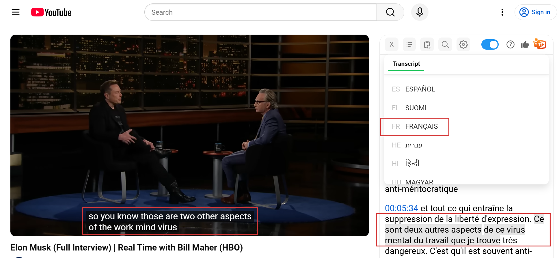 Multi-language transcript support