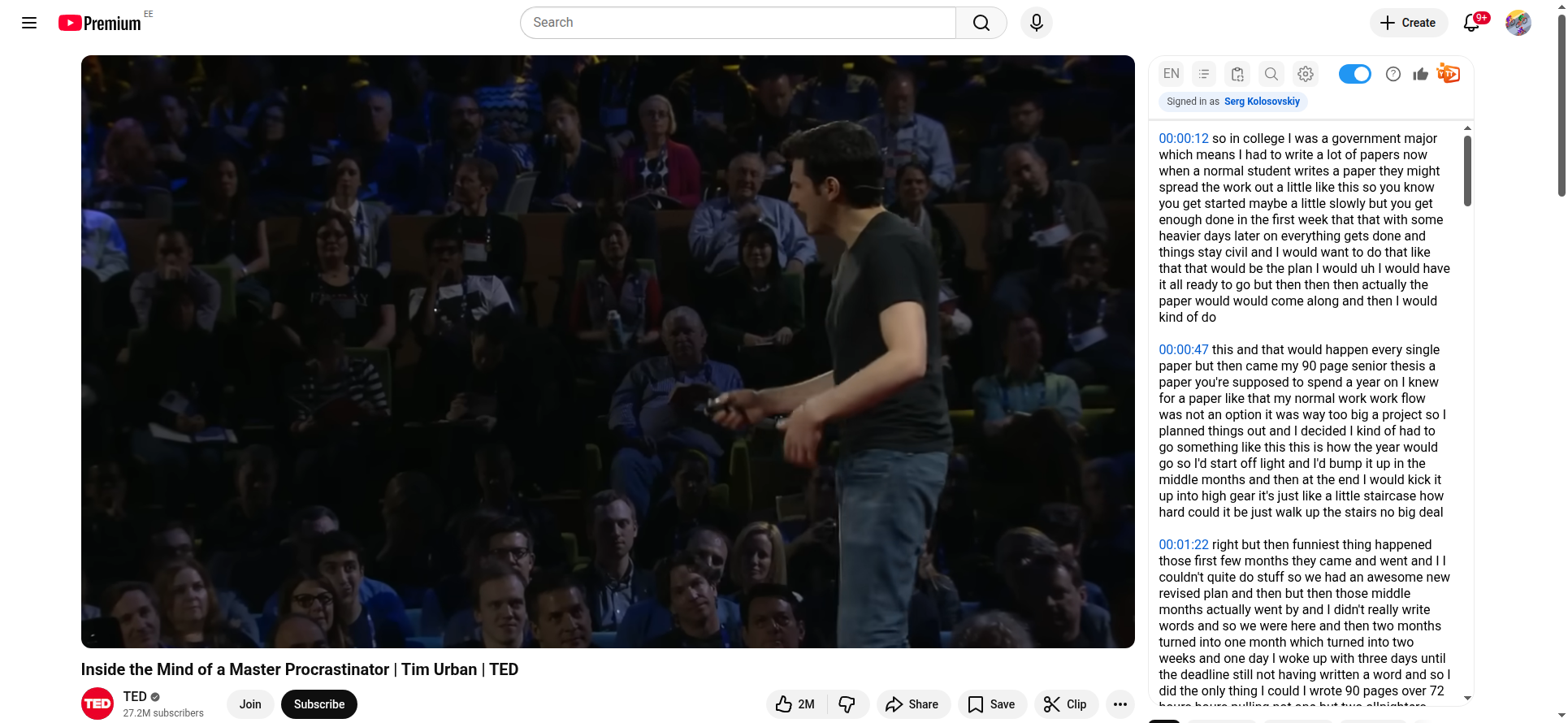 TED Talk with YouTube Text Tools showing the transcript and toolbar with the copy button