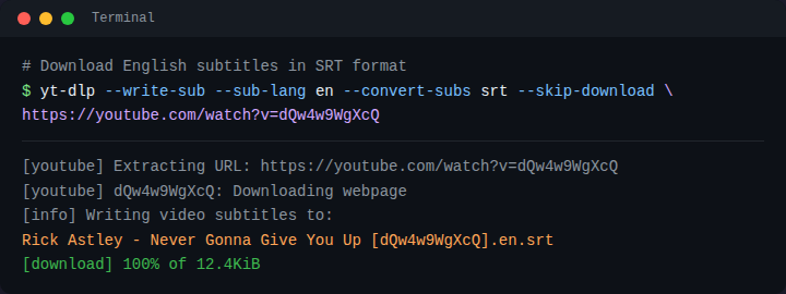 yt-dlp downloading English subtitles in SRT format