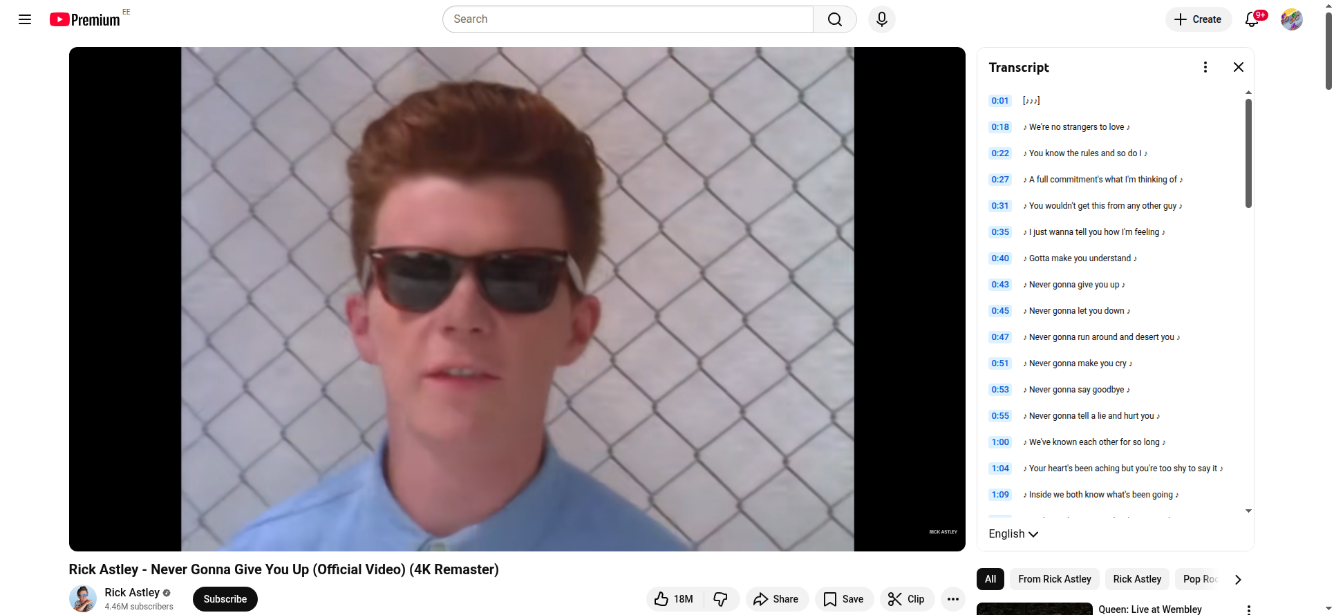 YouTube&rsquo;s native transcript panel showing timestamped text