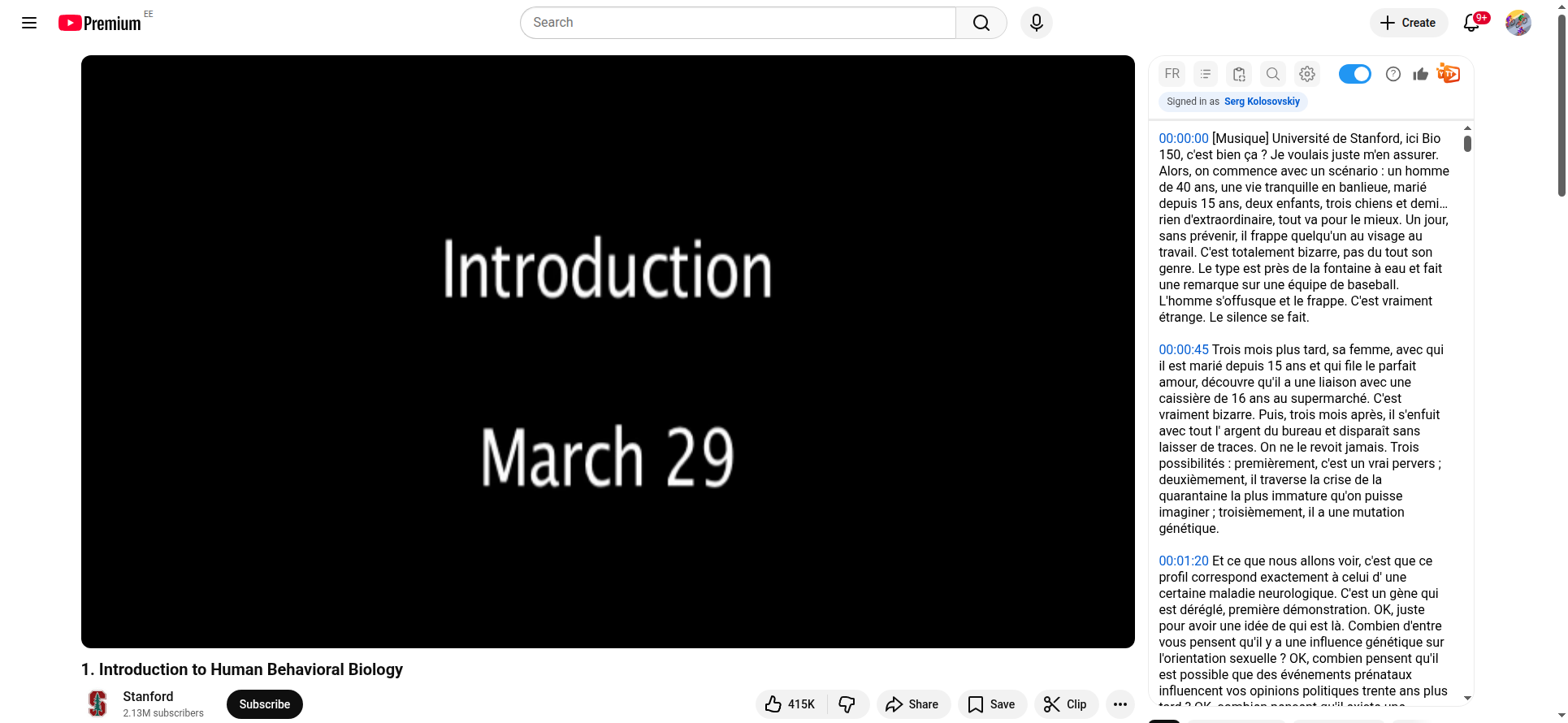 The same Stanford lecture with the transcript translated to French, toolbar showing &ldquo;FR&rdquo;