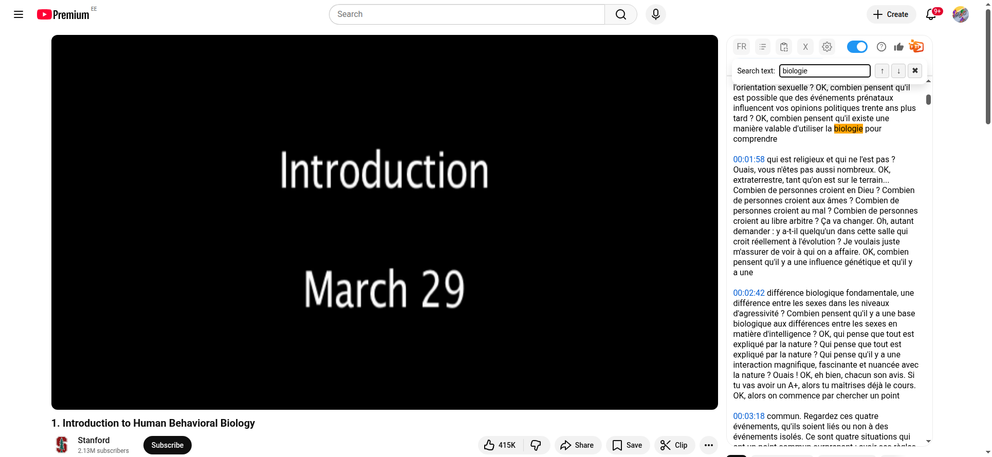 Searching for &ldquo;biologie&rdquo; in the French transcript with the word highlighted
