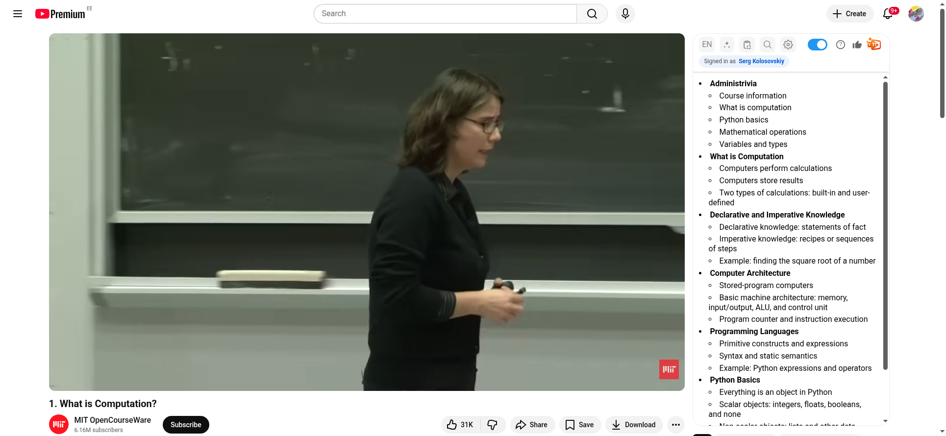 AI Summary of the MIT lecture organized into sections: Administrivia, What is Computation, Declarative and Imperative Knowledge, Computer Architecture, Programming Languages, Python Basics