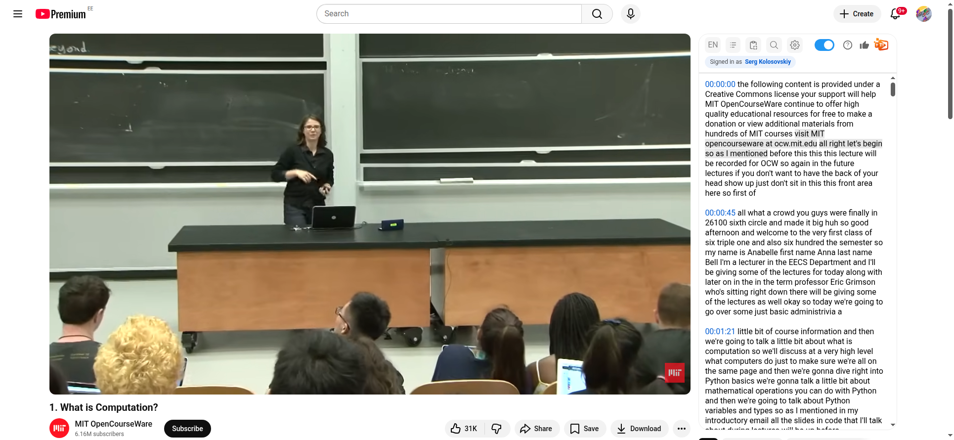 MIT 6.0001 lecture &ldquo;What is Computation?&rdquo; with the full transcript displayed in the sidebar panel