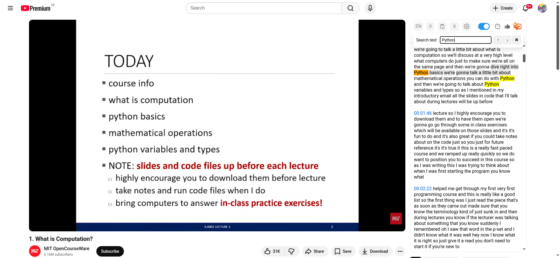 Searching for &ldquo;Python&rdquo; in the transcript with highlighted matches