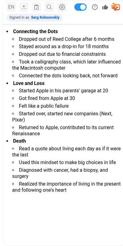 AI Summary view showing key points from Steve Jobs&rsquo; Stanford speech organized into sections
