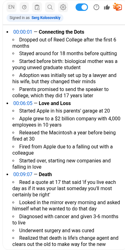 Timestamped AI Summary showing sections with clickable timestamps like 00:00:01 Connecting the Dots and 00:06:05 Love and Loss