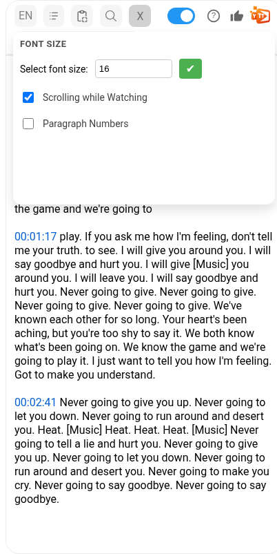 Settings menu showing font size control, auto-scroll toggle, and paragraph numbers option