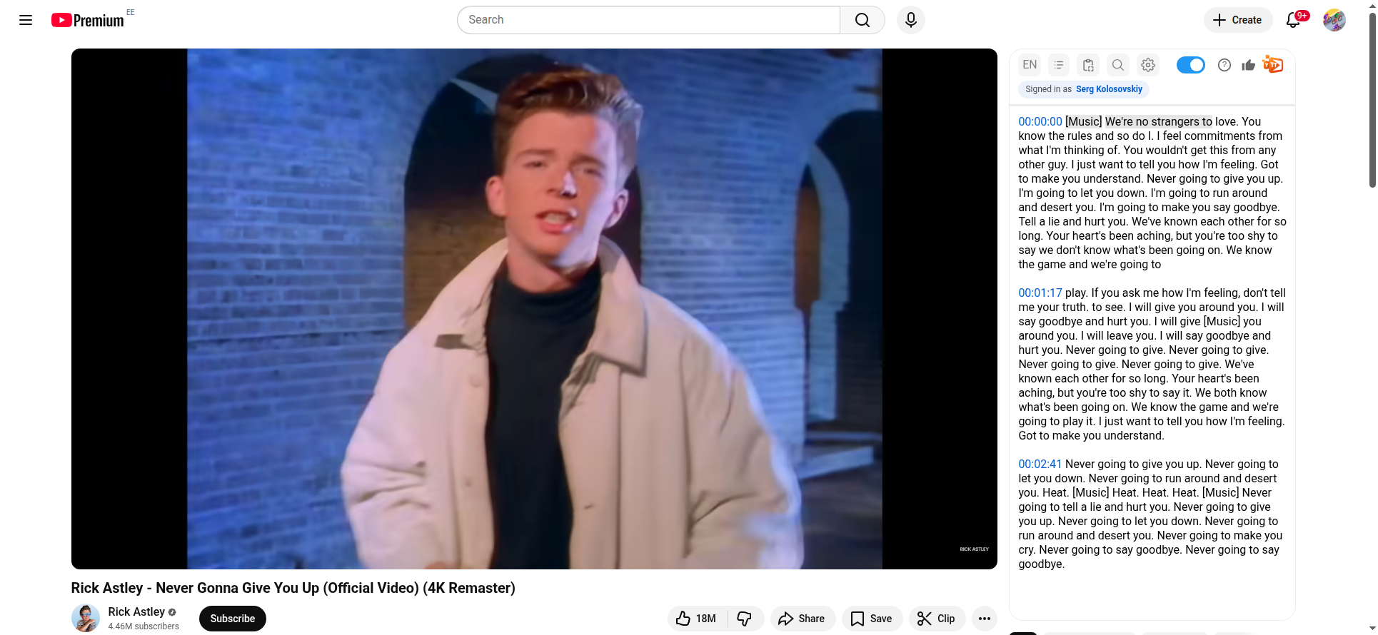 YouTube Text Tools transcript panel showing timestamped text alongside a video