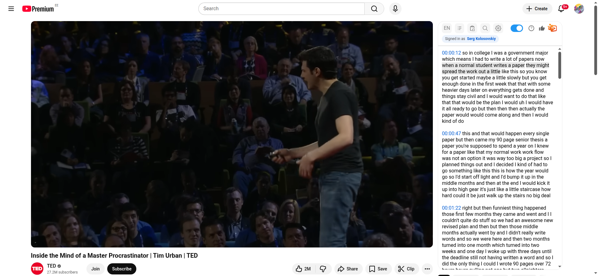 TED Talk &ldquo;Inside the Mind of a Master Procrastinator&rdquo; with the full transcript displayed in the sidebar